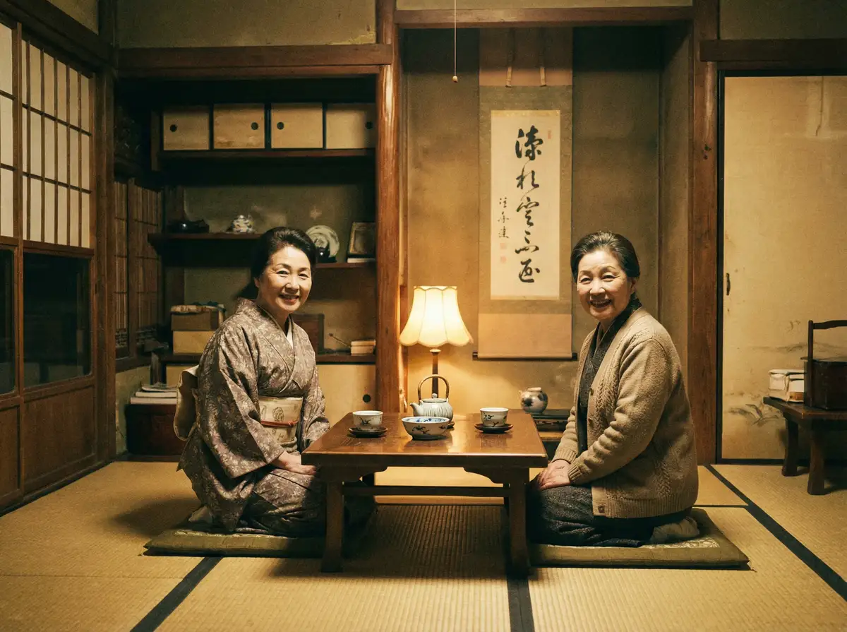 两位优雅的 雷速体育平台 在日式茶室中品茶交谈